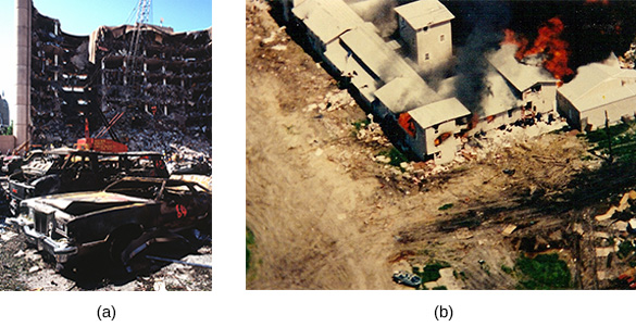 Photograph (a) shows the bombed federal building in Oklahoma City. Photograph (b) shows the siege of the Waco compound; flames shoot form the top of the Mount Carmel center.