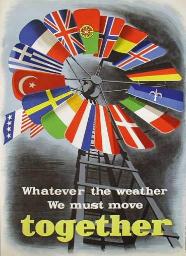 One of a number of posters created by the Economic Cooperation Administration, an agency of the U.S. government, to sell the Marshall Plan in Europe. Includes versions of the flags of those Western European countries that received aid under the Marshall Plan (clockwise from top: Portugal, Norway, Belgium, Iceland, West Germany, the Free Territory of Trieste (erroneously with a blue background instead of red), Italy, Denmark, Austria, the Netherlands, Ireland, Sweden, Turkey, Greece, France and the United Kingdom). Poster does not explicitly depict Luxembourg (whose flag is very similar to the Dutch flag), which did receive some aid.