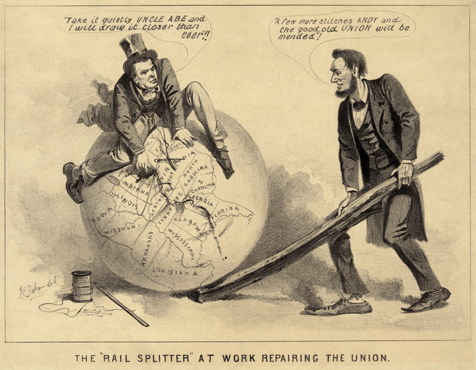 Cartoon print shows Vice President Andrew Johnson sitting atop a globe, attempting to stitch together the map of the United States with needle and thread. Abraham Lincoln stands, right, using a split rail to position the globe.