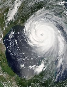 A satellite image of the eye of the hurricane over the Gulf of Mexico.