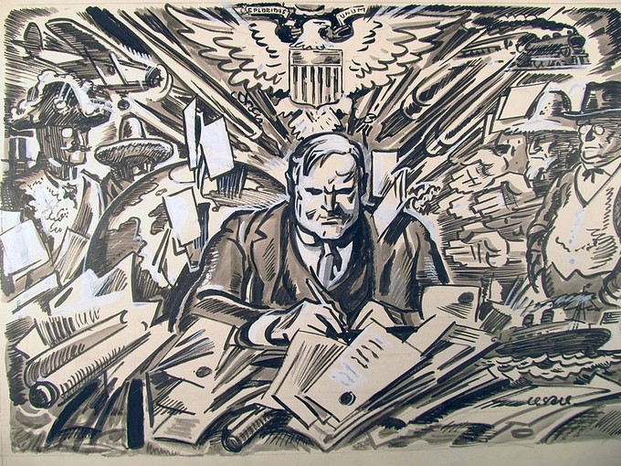 Hoover is seated at a desk surrounded by a flurry of images, including papers, pens, political figures, ships, planes, and trains.