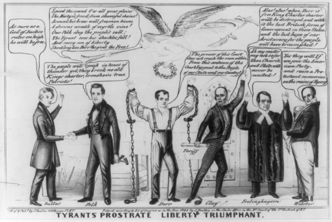 The locus of the cartoon is Dorr's prison cell. (He had been sentenced to life at hard labor and solitary confinement at the state prison at Providence.) Dorr (center, in shirtsleeves) stands and raises his manacled hands, proclaiming, 