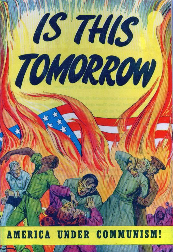 The image shows the American flag drowning in flames as citizens and military personnel fight in the foreground. The text reads 