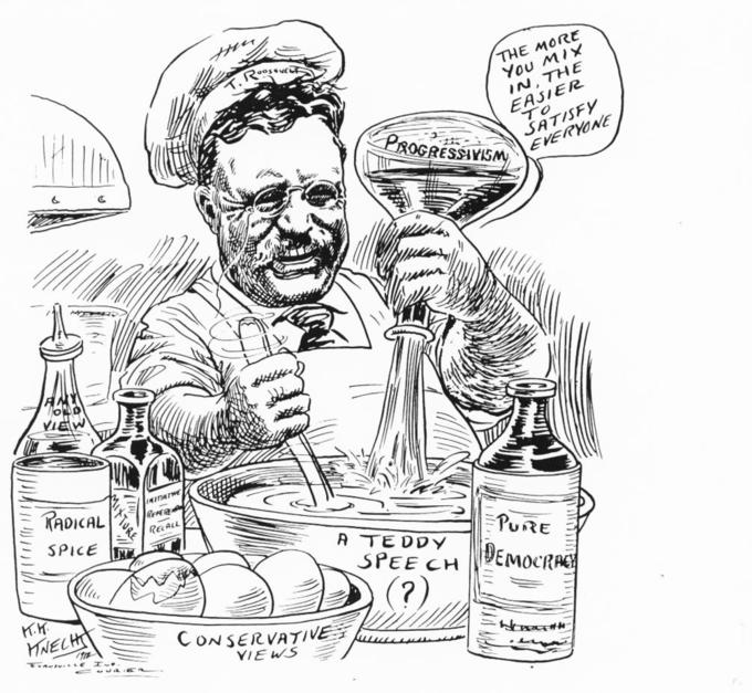 The cartoon depicts Teddy Roosevelt as a chef. He is mixing ingredients into a bowl labelled 