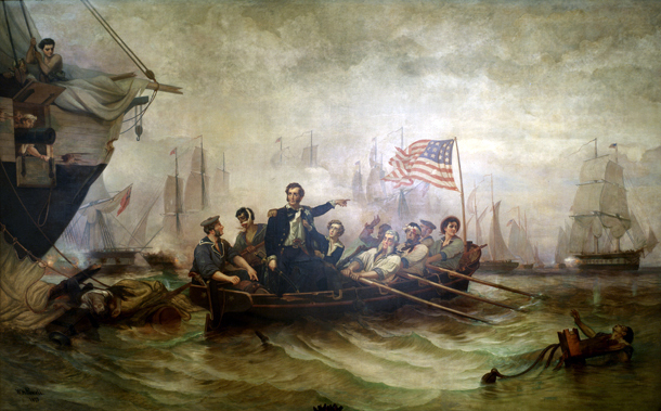 Commodore Oliver Hazard Perry defeats British Navy at the Battle of Lake Erie in 1813. Painting by William Henry Powell, 1873.