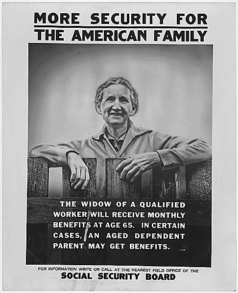 The poster shows a smiling old woman standing behind a fence. The text of the poster reads: 