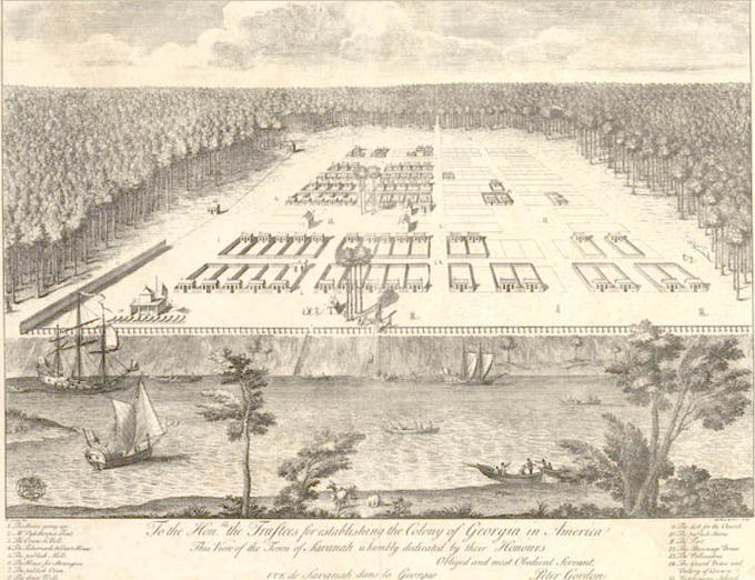A early (Sometime in the 1700's) drawing of Savannah, Georgia.