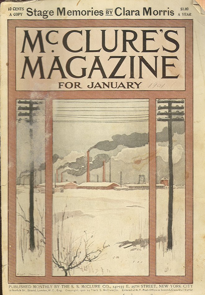 The cover of the January issue of McClure's magazine includes a drawing. Smoke emanates from factory buildings in the background; power lines stand in the foreground.
