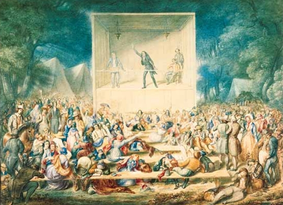 The watercolor depicts a Methodist revival in 1839. A Methodist minister preaches from a stage as a large crowd looks on.