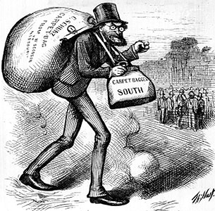 The cartoon shows a crazed-looking man who resembles Abraham Lincoln carrying two bags, one on his front that is labelled 