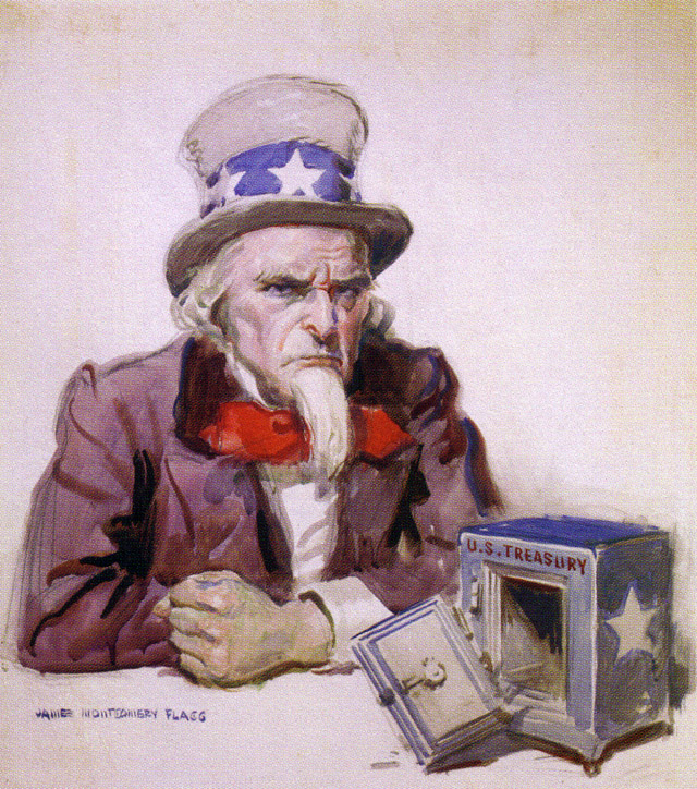 The cartoon shows an angry Uncle Sam with an empty treasury.