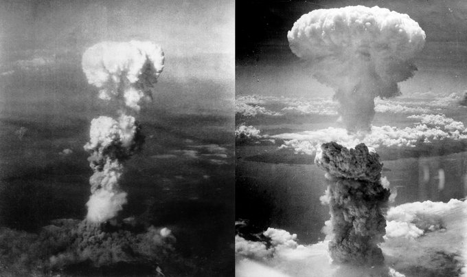Two side-by-side photographs of the gigantic mushroom clouds that billowed over Hiroshima and Nagasaki after the U.S. military dropped the atomic bombs.