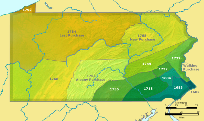 This map shows a series of twelve land purchases made from Native Americans in Pennsylvania from 1682 through 1792. The purchases began in southeastern Pennsylvania in 1682 and culminated in northwestern Pennsylvania in 1792. Notable purchases include the Walking Purchase of 1737 in eastern Pennsylvania; the Albany Purchase of 1754 in southern Pennsylvania; the New Purchase of 1768 spanning a horizontal swathe of land stretching from the southwest corner of the state to the northeast corner of the state; and the Last Purchase of 1784 in northwestern Pennsylvania.