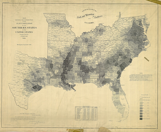 A table at the bottom of the map lists 1860 census data from fifteen southern states: South Carolina, Mississippi, Louisiana, Alabama, Florida, Georgia, North Carolina, Virginia, Texas, Arkansas, Tennessee, Kentucky, Maryland, Missouri, and Delaware The table lists the free population, slave population, total population, and percentage of slaves in each of these states. South Carolina has the highest percentage of slaves (57.2%) and Delaware has the lowest percentage of slaves (32.2%). The map itself further illustrates the census data by displaying the percentage of slaves by county using a nine-point “Scale of Shade.” Counties whose slave population is less than 10% are shown in white. On the opposite end of the scale, counties whose slave population is 80% or more are shown in black.