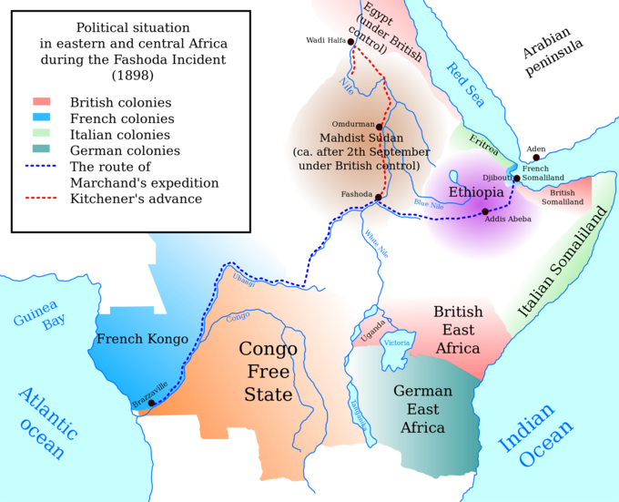 A map of central and east Africa, 1898, during the Fashoda Incident. It shows the various spheres of influence of different European powers, a North-South line indicating the British ambitions and a East-West line indicating French ambitions.