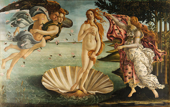 The goddess Venus is depicted as a naked woman standing on a shell. On the left are two figures blowing on her, and on the right is a woman reaching out to her.