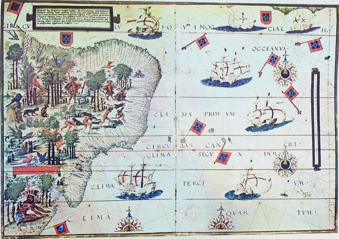 Portuguese map by Lopo Homem (c. 1519) showing the coast of Brazil and natives extracting brazilwood, as well as Portuguese ships.