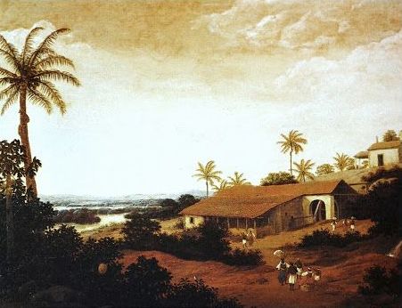 The painting depicts rural landscape, with palm trees, overlooking a vast, hilly area.