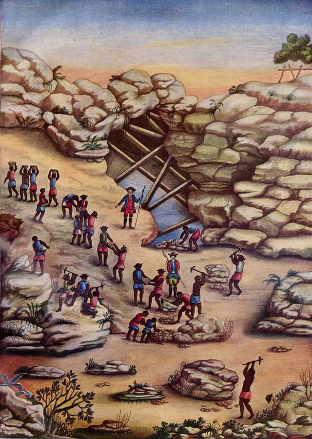 The artwork shows several slaves in a rocky valley using pick-axes and carrying piles of stone. One white man oversees the operation.