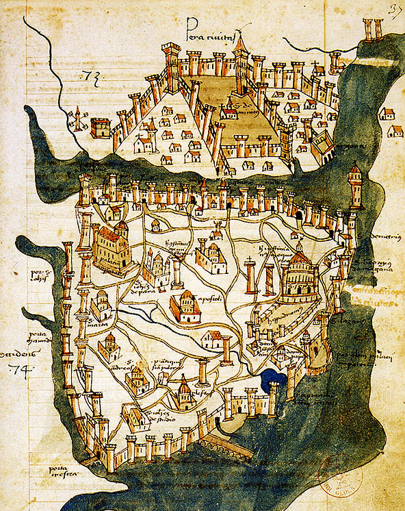 The map shows city streets, notable buildings, the city walls, and surrounding bodies of water.