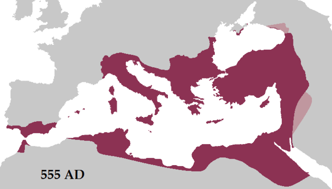 The map shows that Emperor Justinian reconquered many former territories of the Western Roman Empire, including Italy, Dalmatia, Africa, and southern Hispania.