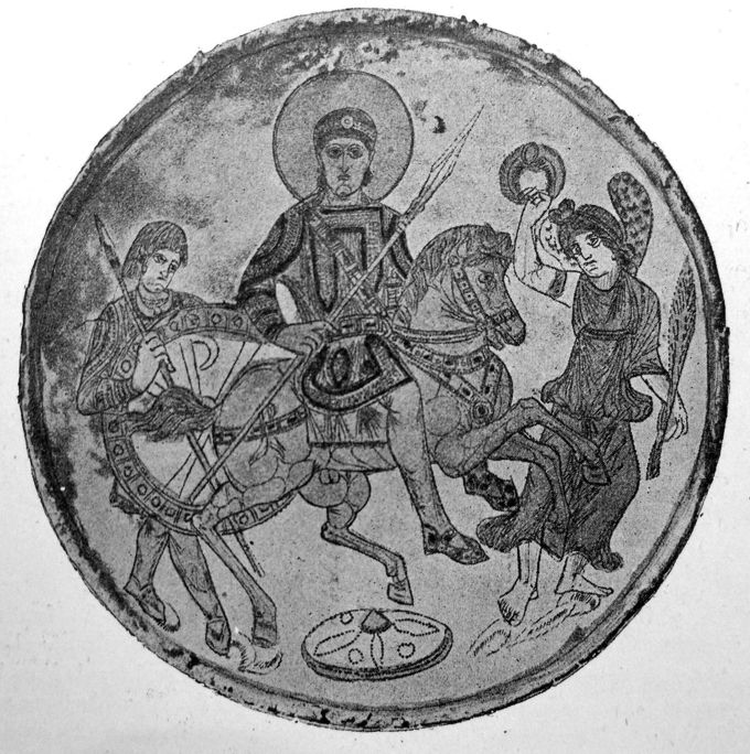 An image of Constantine atop a horse in battle gear with his son and an attendant beside him, one holding his shield with Chi-Rho symbol on it.