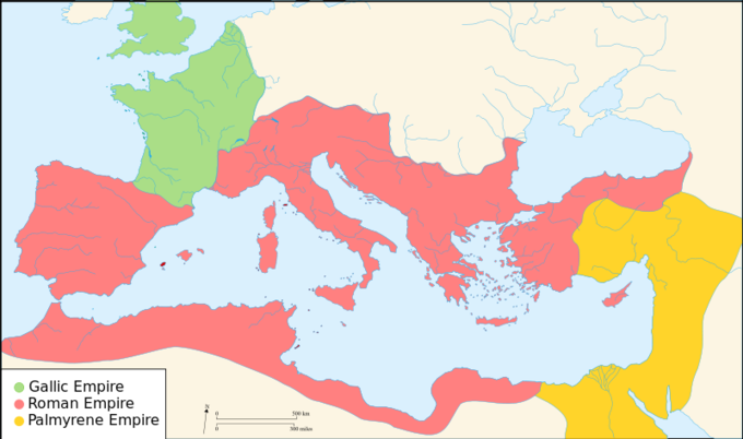 A map of the divided Roman Empire in 271 CE, showing the Gallic Empire in the North-Western Europe, Roman Empire in Italy, Middle East, and Iberia, and Palmyrine Empire in the far East.