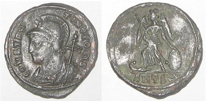 Image of coins from the founding of Constantinople. On the front is a soldier's head with a helmet. On the back is an angel in battle gear.