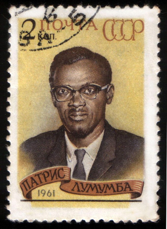 Image of a stamp from the Soviet Union showing the face of Patrice Lumumba, prime minister of the Republic of the Congo.