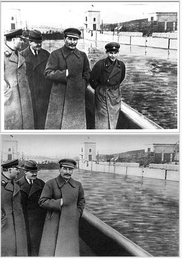 Two photos of Joseph Stalin and other men, in the second photo one man was edited out by censors.