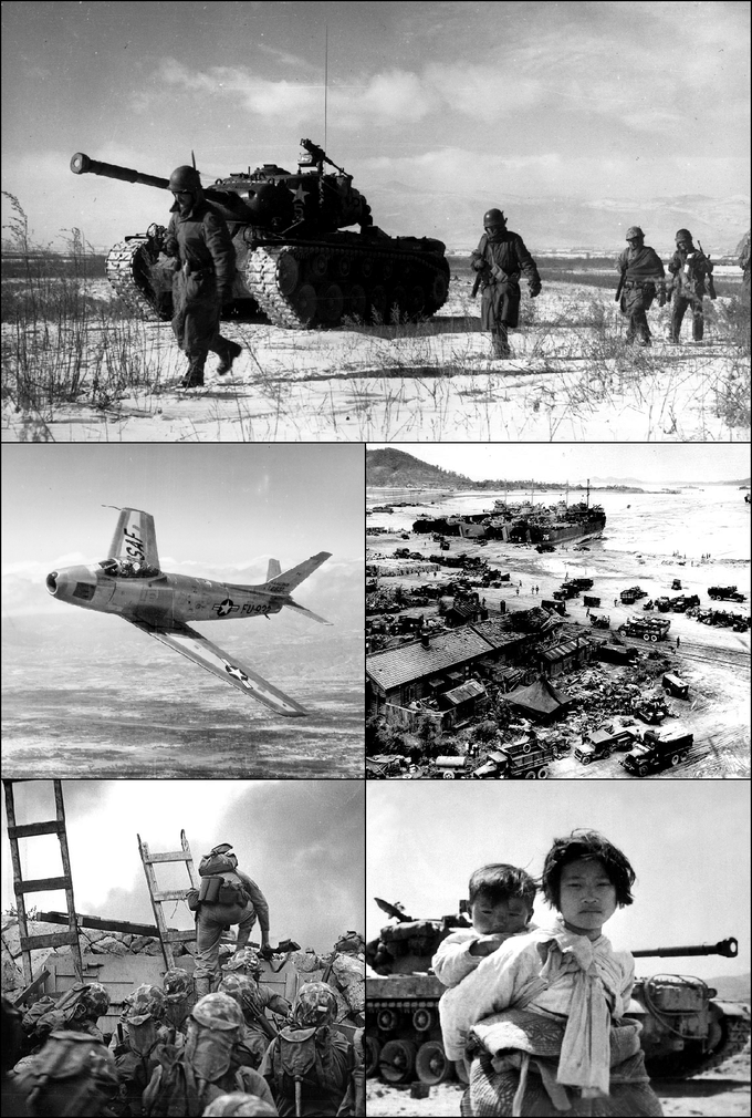 Clockwise from top: U.S. Marines retreating during the Battle of the Chosin Resevoir, U.N. landing at Incheon, Korean refugees in front of an American M-26 tank, U.S. Marines, led by First Lieutenant Baldomero Lopez, landing at Incheon, and an American F-86 Sabre fighter jet.