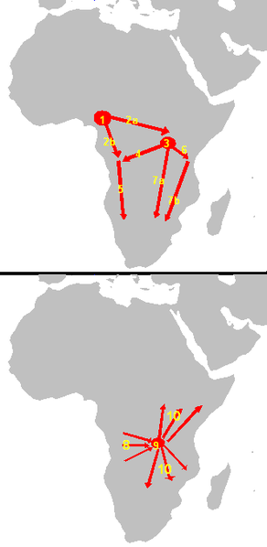 The map shows that the origin of Bantu speakers was near modern-day Cameroon sometime around 2000-1500 BC. The first migrations, which happened circa 1500 BC, moved the Bantu both to Eastern Africa and Western Africa. The Urewe nucleus of Bantu speakers was near modern-day Uganda sometime around 1000-500 BC. From there, the Bantu speakers move southward. The Congo nucleus of Bantu speakers was near modern-day Democratic Republic of the Congo sometime around 500 BC - 0. From there, the Bantu-speakers moved southward sometime around AD 0 -1000.