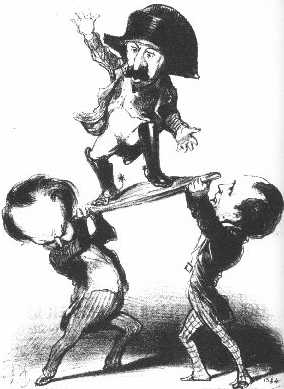 The cartoon shows two men struggling to hold up Louis Napoleon with a caption: 
