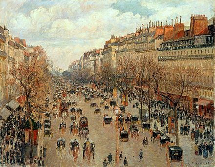 An impressionist painting of Boulevard Montemartre (Paris) filled with horse-drawn carriages and pedestrians