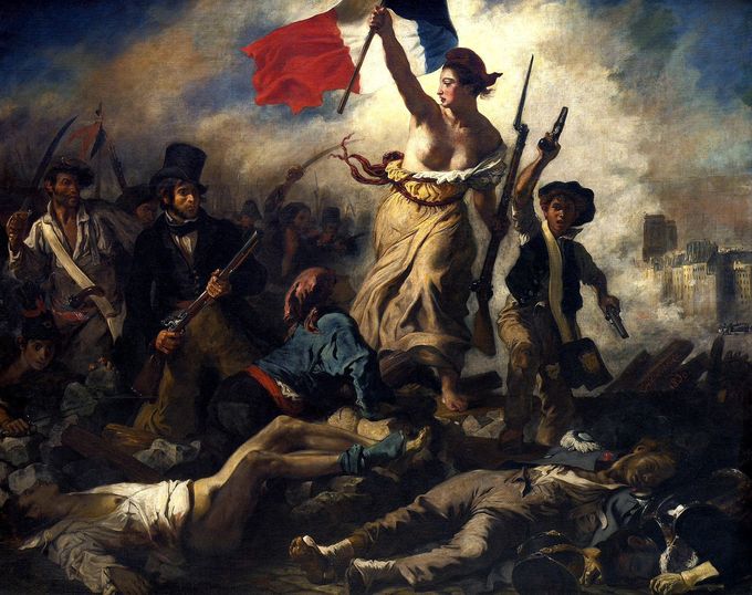 Liberty Leading the People is a painting by Eugène Delacroix commemorating the July Revolution of 1830, which toppled King Charles X of France. A woman personifying the concept and the Goddess of Liberty leads the people forward over the bodies of the fallen, holding the flag of the French Revolution – the tricolour flag, which remains France's national flag – in one hand and brandishing a bayonetted musket with the other. The figure of Liberty is also viewed as a symbol of France and the French Republic known as Marianne.