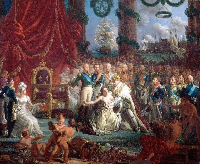 A painting of a large group of people surrounding the royal court. In the center it shows Louis XVIII, in royal attire, including a crown, lifting up a falling woman, symbolizing France.