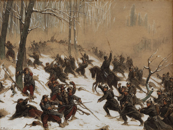Painting of French soldiers assaulted by German infantry in a snowy forest during the Franco-Prussian War, 1870.