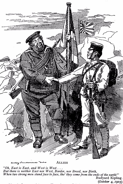 The cartoon shows a British official and a Japanese official shaking hands. Below the image, a quotation dated October 4, 1905 from Rudyard Kipling reads: 