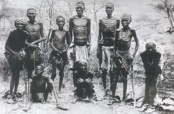 A photo of emaciated survivors of the German genocide against Herero after an escape through the arid desert of Omaheke.