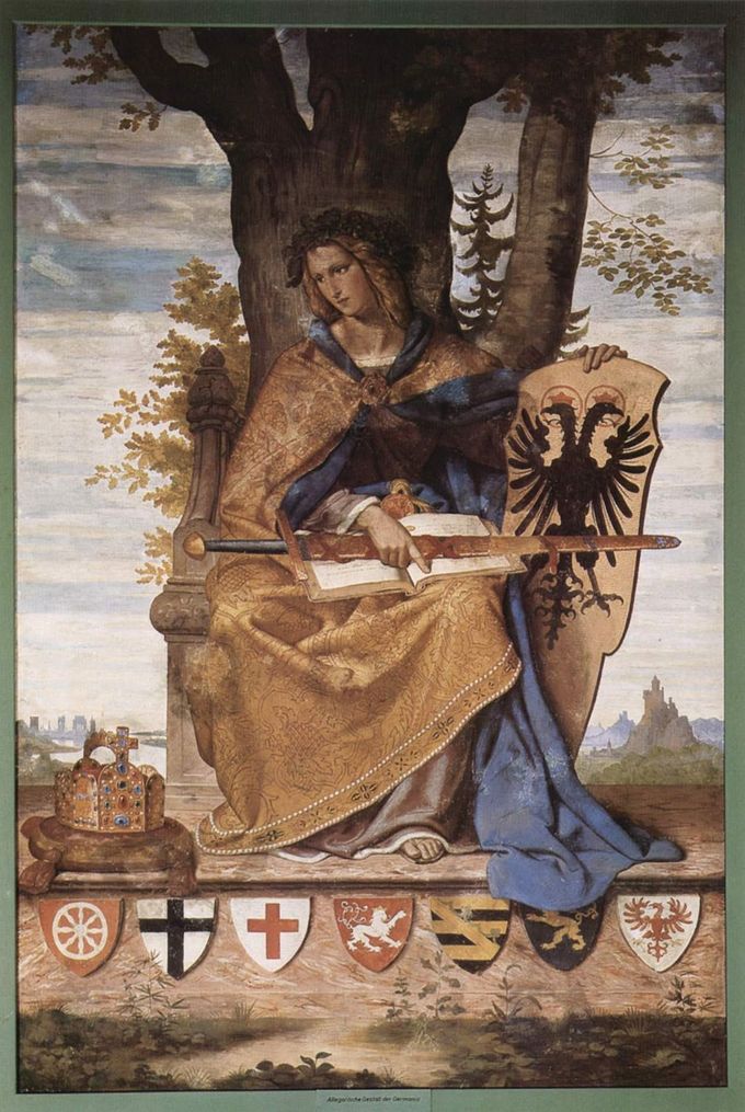 Germania, a personification of the German nation, appears in Philipp Veit's fresco (1834–36). She is holding a shield with the coat of arms of the German Confederation. The shields on which she stands are the arms of the seven traditional Electors of the Holy Roman Empire. She is depicted as a robust woman with long, flowing, reddish-blonde hair and wearing armour. She holds the 