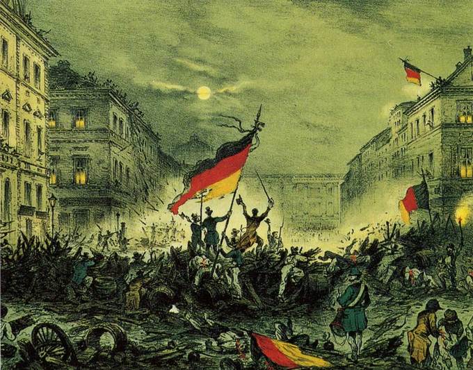 A painting of the uprising in Berlin 1848. It shows several people atop battle-worn barricades holding a tattered German flag.
