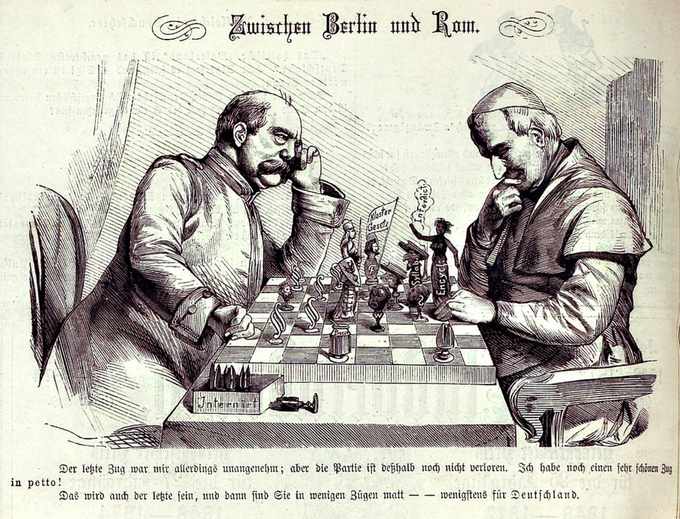 A political cartoon depicting a chess game between Bismarck and the Catholic Pope.