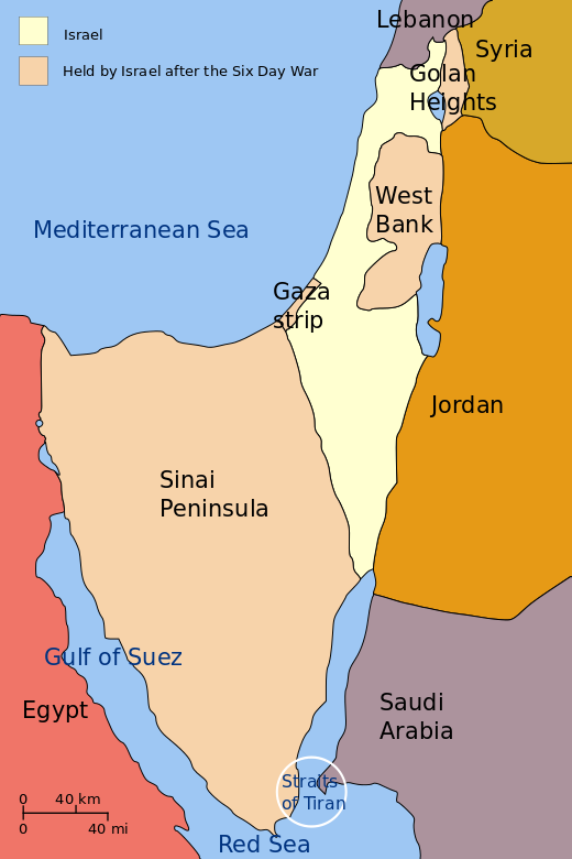 Map of Israel and the land seized during the Six-Day War, including the Sinai Peninsula and the Golan Heights.