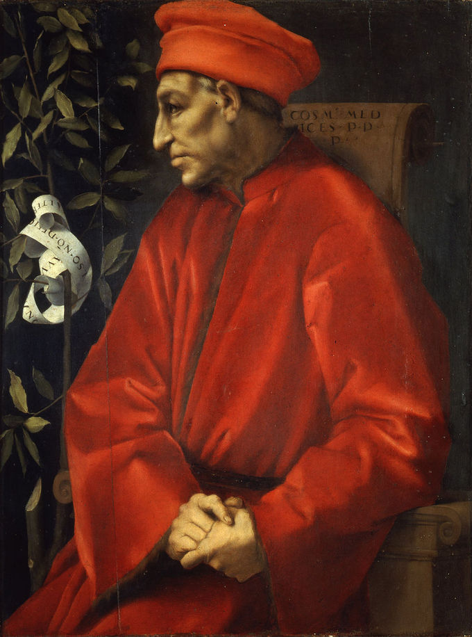A painting of Cosimo Medici, clothed in red, to his left is a laurel branch and leaves.