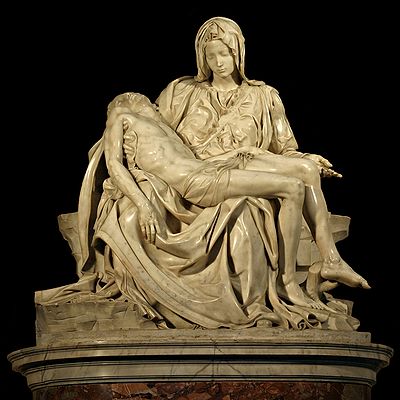 A photo of Michelangelo's Pieta, a statue depicting Mary holding the dead body of Jesus.