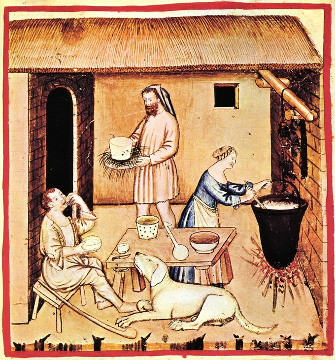A painting of a peasant home showing a woman brewing cheese and a man carrying food and a man seated a table eating.