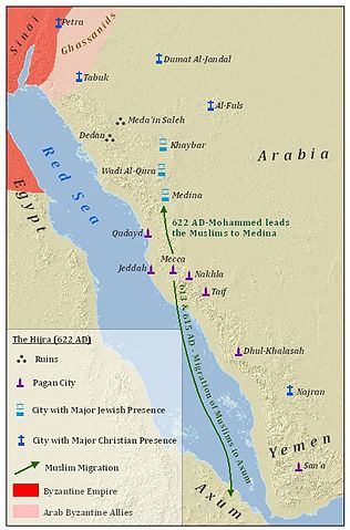 The map shows notable ruin sites, pagan cities, cities with a major Jewish presence, and cities with a major Christian presence. The ruin sites are Dedan and Medain Saleh, which are both located in modern-day northwest Saudia Arabia. The pagan cities are—from north to south along the Red Sea—Qudayd, Jeddah, Mecca, Nakhla, Taif, Dhul-Khalash, and San'a. The northernmost pagan city, Qudayd, is located in modern-day west-central Saudi Arabia. The southernmost pagan city, San'a, is located in modern-day west-central Yemen. The cities with a major Jewish presence are—from north to south—Khaybar, Wadi Al-Qura, and Medina, all of which are located in modern-day mid to northwest Saudia Arabia between the ruins and Qudayd. Four of the cities with a major Christian presence, Petra, Tabuk, Dumatul Jandal, and Jabal Tayy, are located north of the ruins. Petra, the northernmost of those cities, is located in modern-day southwest Jordan, while Jabal Tayy, the southernmost of those cities, is located northeast of the ruins. Najran, the other city with a major Christian presence, is located in modern-day southwestern Saudi Arabia near the border with Yemen. In addition to those ruins and cities, the map shows two Muslim migrations: a migration of Muslims from Mecca to Axum, located in modern-day northern Ethiopia, in 613 and 615 AD, and a migration of Muslims from Mecca to Medina in 622 AD led by Mohammed. Finally, the map shows the Byzantine Empire to the northwest and an area of land between Petra and Tabuk controlled by the Ghassanids, a group of Arab Byzantine allies.