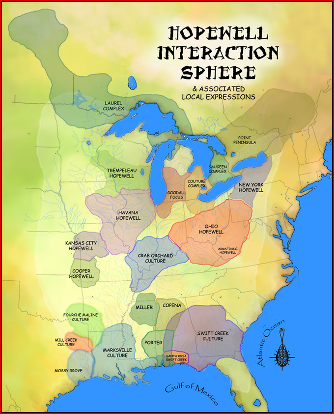 The map shows the Hopewell exchange system, which at its greatest extent ran from the Southeastern United States as far south as the Crystal River Indian Mounds into the southeastern Canadian shores of Lake Ontario up north.