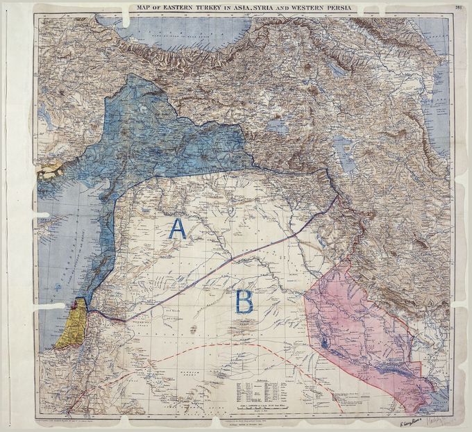 Map of Sykes–Picot Agreement showing Eastern Turkey in Asia, Syria and Western Persia, and areas of control and influence agreed between the British and the French.