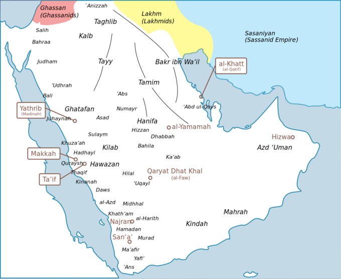 The map shows about 40 different tribes spread throughout the Arabian Peninsula. Most were concentrated on the western coast of the peninsula along the Red Sea.